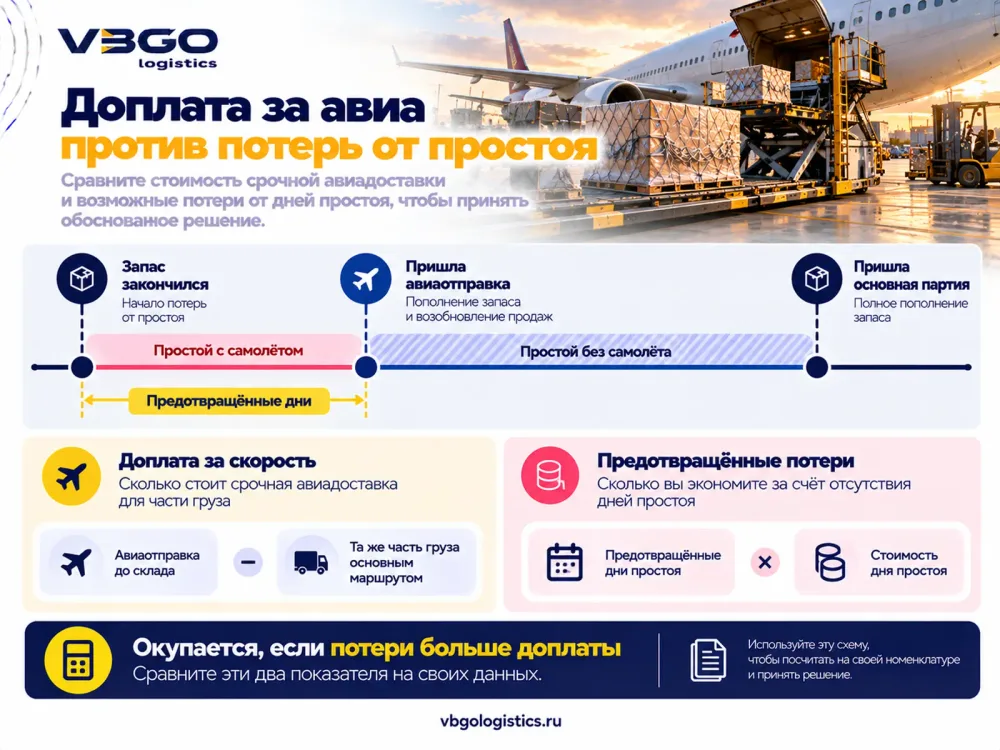 Схема сравнения доплаты за срочную авиадоставку и потерь от дней простоя