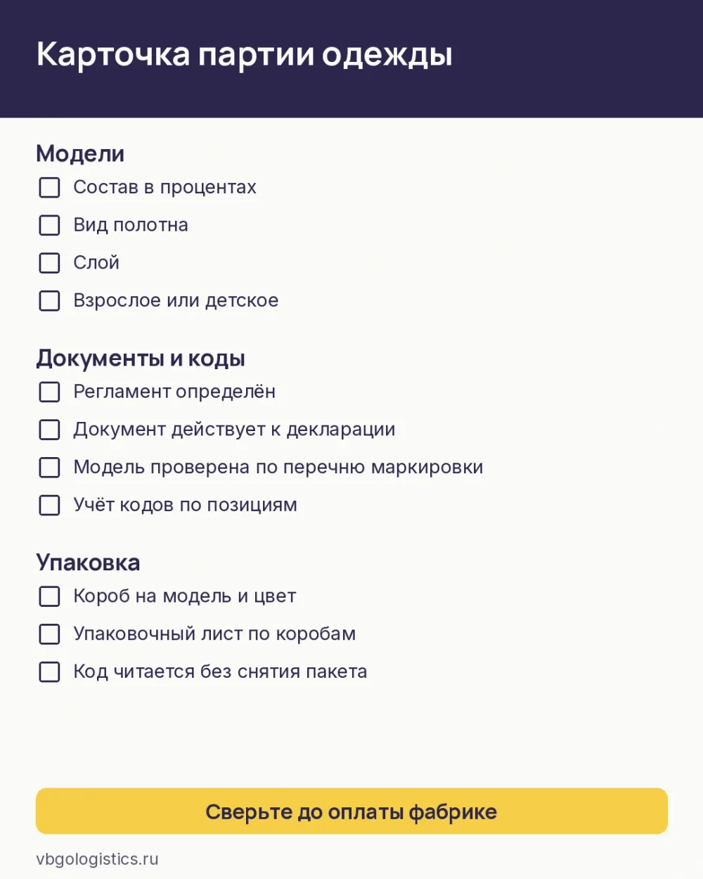 Чек-лист карточки партии одежды из Китая перед оплатой фабрике