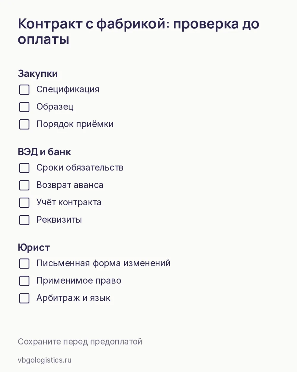 Чек-лист проверки контракта с китайской фабрикой перед предоплатой