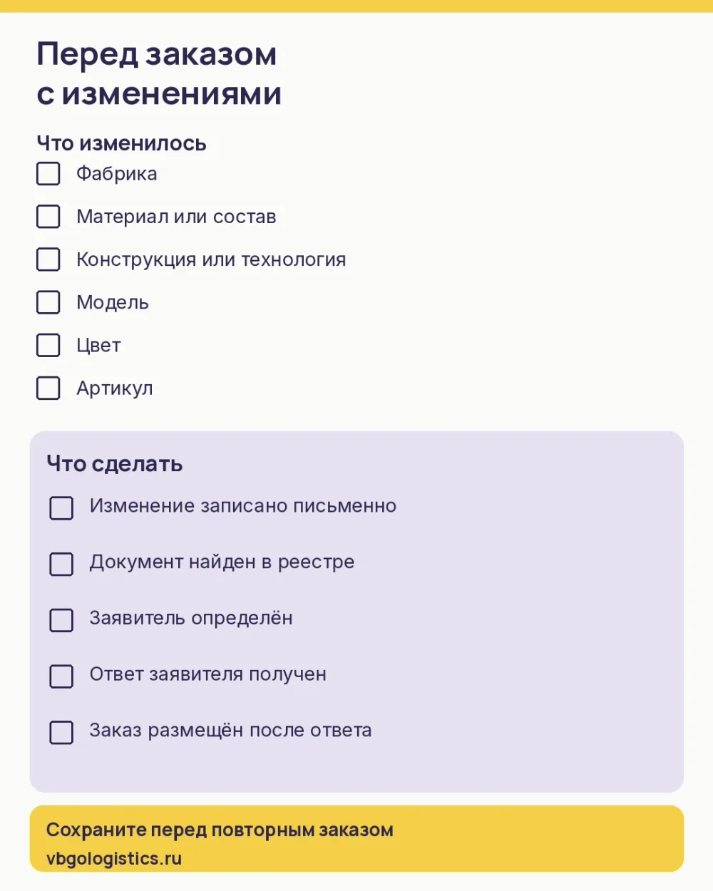 Чек-лист проверки документов перед заказом при смене фабрики или материала