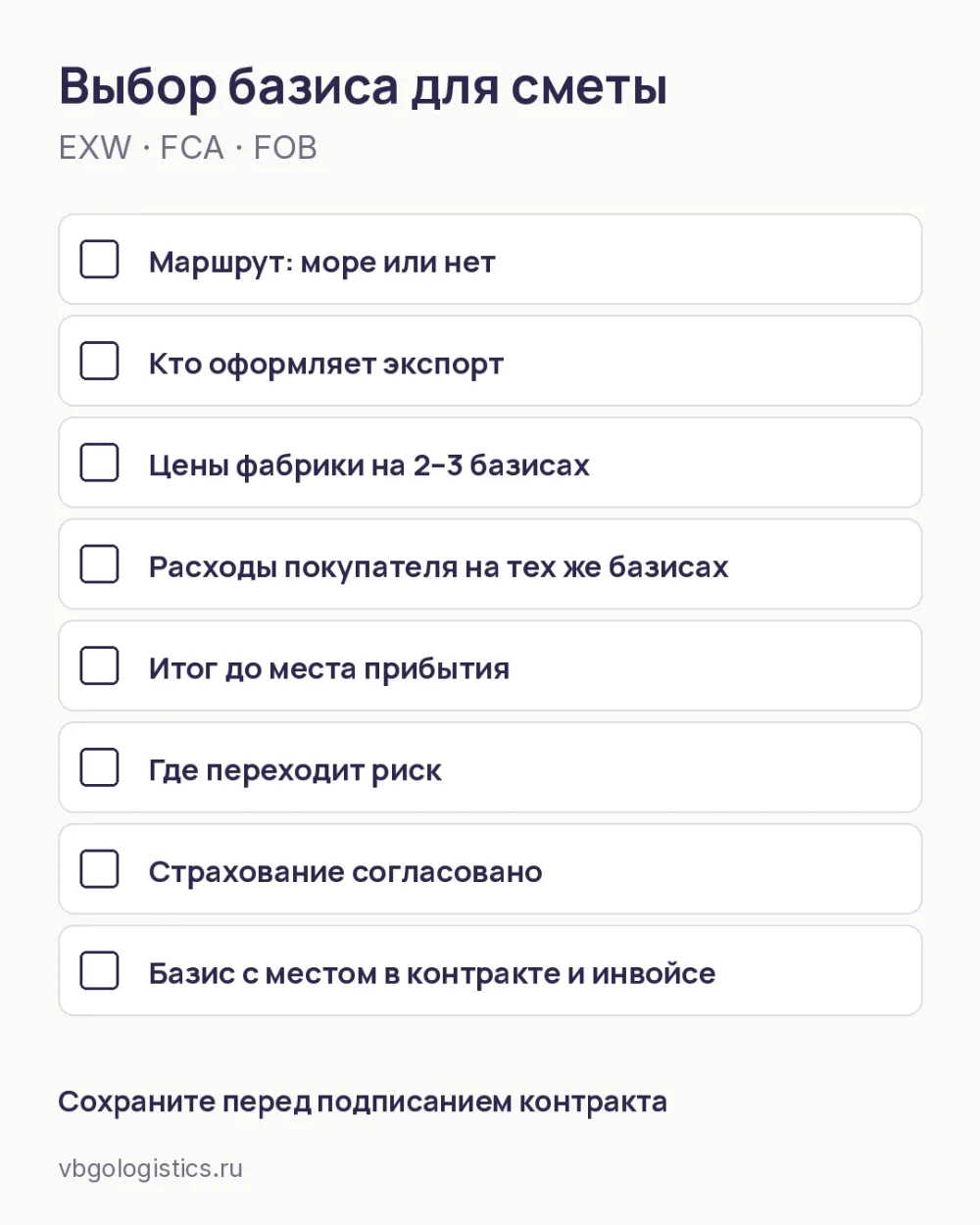 Чек-лист выбора базиса EXW, FCA или FOB при закупке в Китае