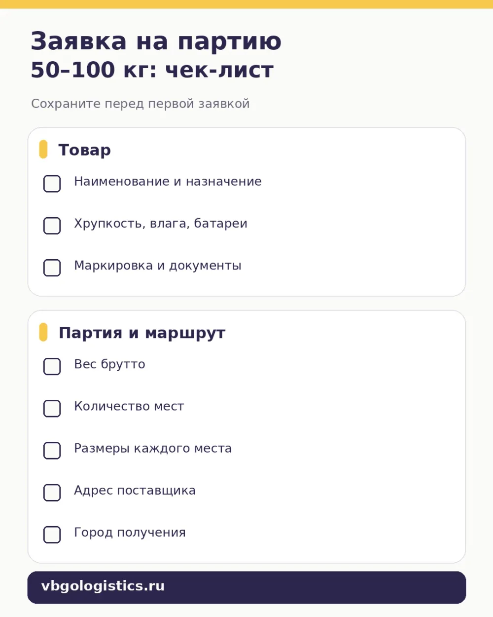 Чек-лист данных для заявки на первую партию карго из Китая весом 50–100 кг