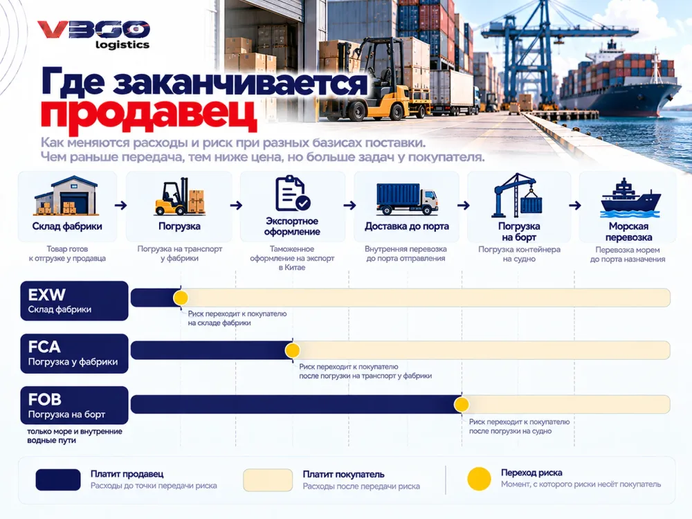 Граница расходов и риска продавца при базисах EXW, FCA и FOB