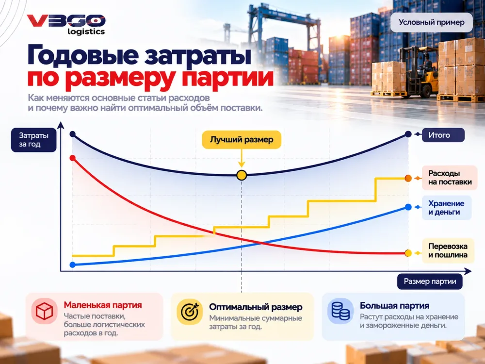 График годовых затрат на закупку из Китая в зависимости от размера партии