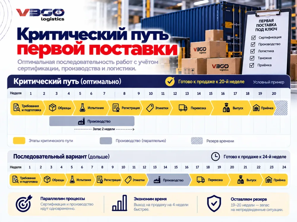 Диаграмма критического пути первой поставки из Китая с этапами сертификации
