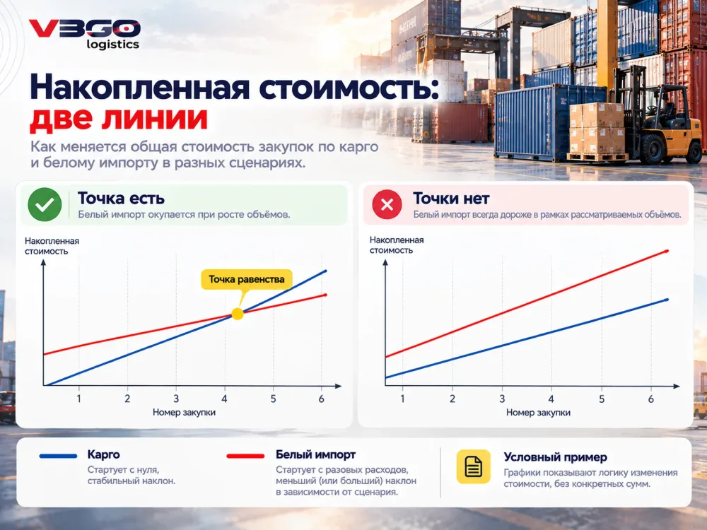 Накопленная стоимость закупок по карго и белому импорту: сценарии с точкой равенства и без неё