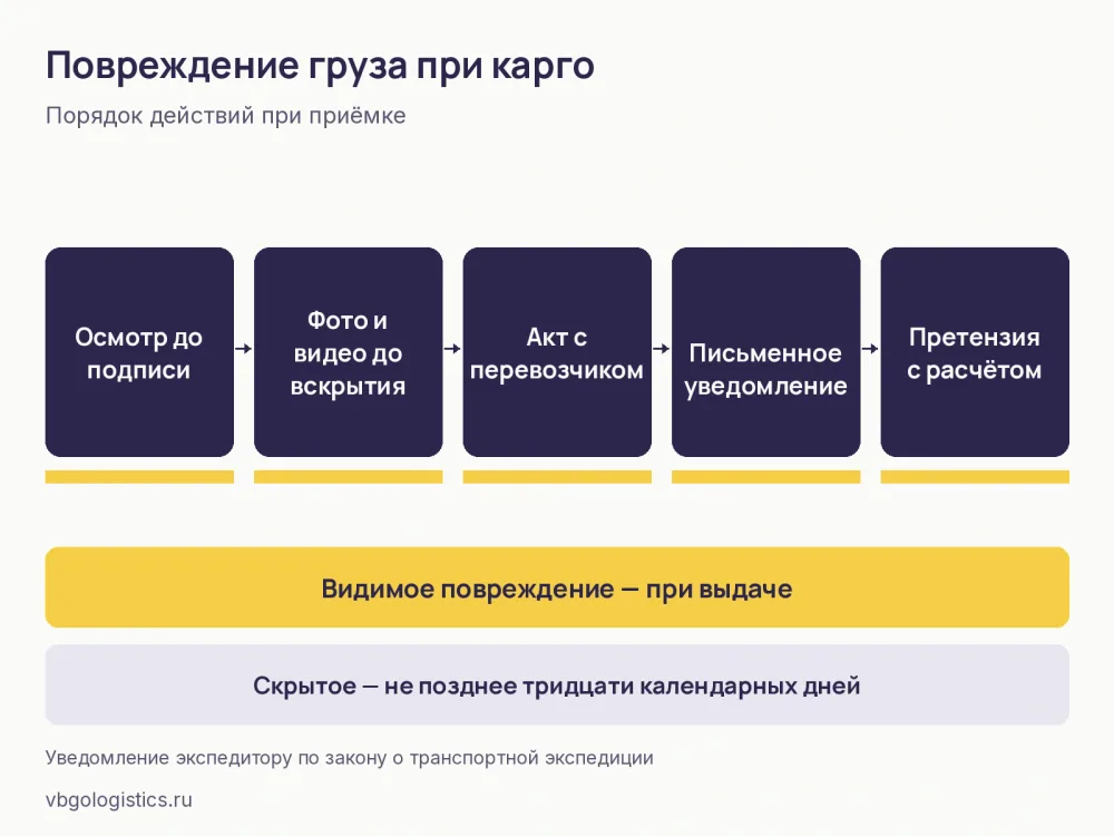 Пять шагов фиксации повреждения карго-груза: осмотр, съёмка, акт, уведомление, претензия