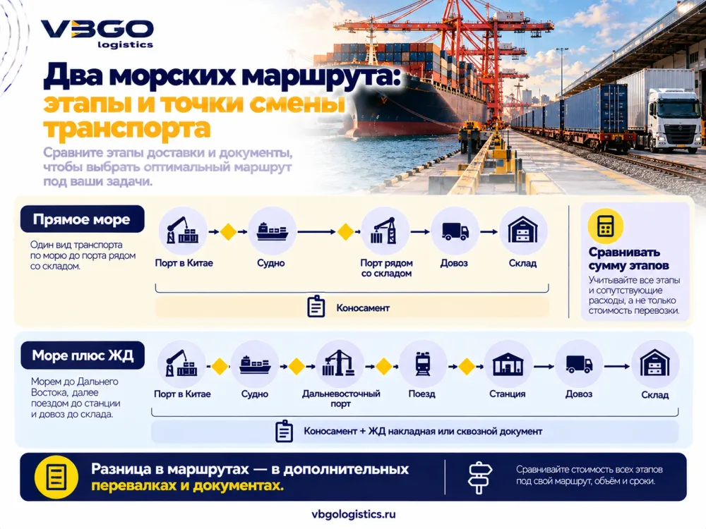 Схема прямого морского маршрута и схемы море плюс ЖД из Китая с точками смены транспорта