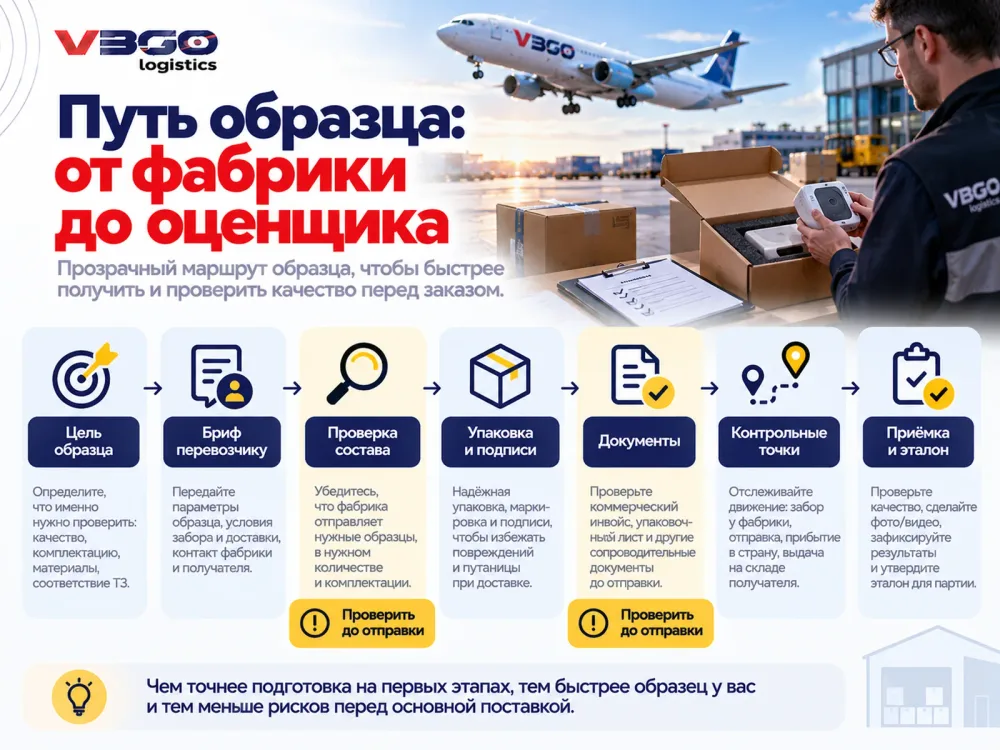 Схема авиаотправки коммерческих образцов из Китая от фабрики до оценки качества