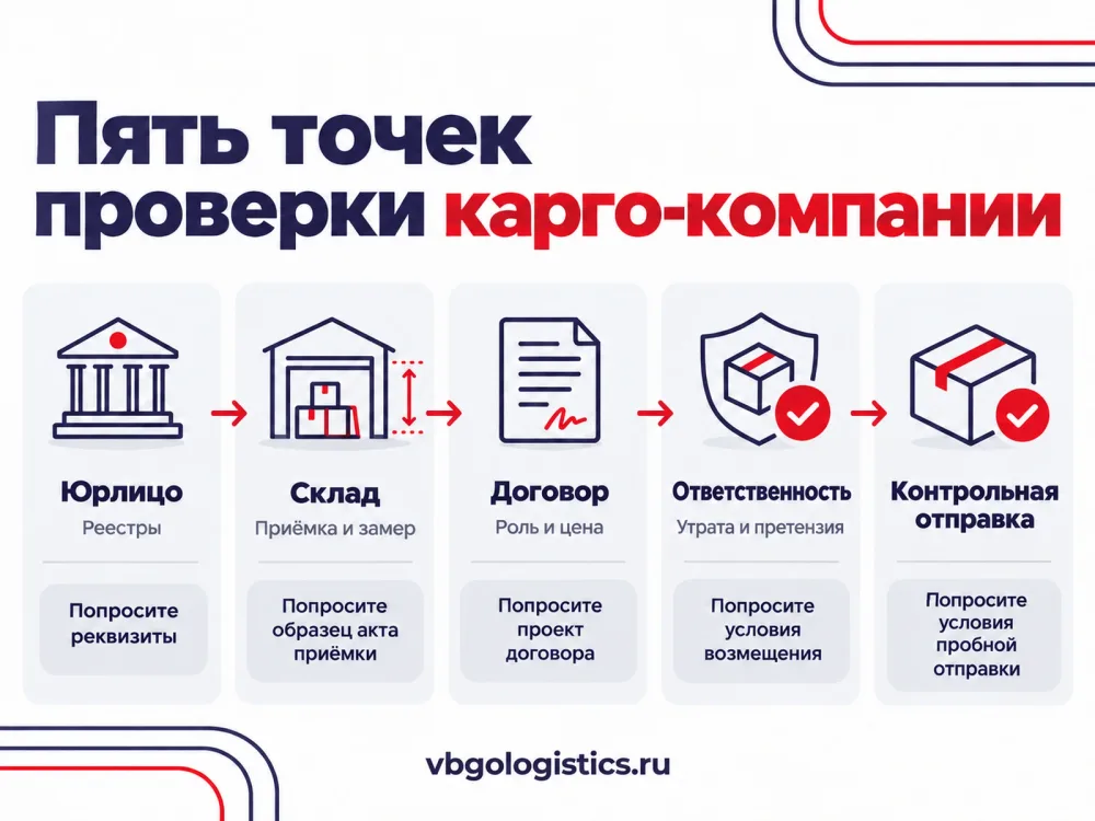 Пять шагов проверки карго-компании: юрлицо, склад, договор, ответственность, контрольная отправка.
