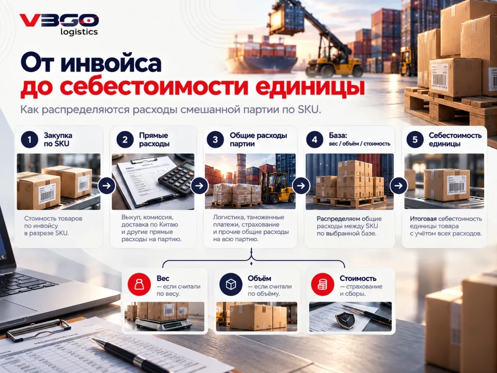 Схема распределения расходов смешанной партии по SKU до себестоимости единицы
