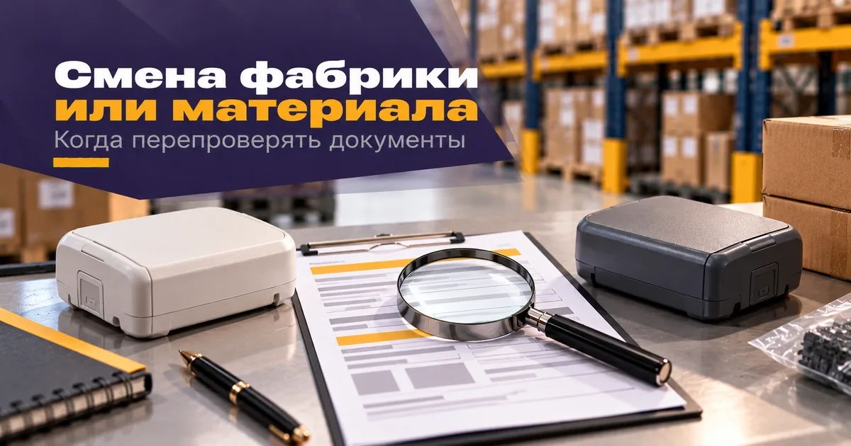 Два образца изделия и лист документа соответствия с лупой при смене фабрики