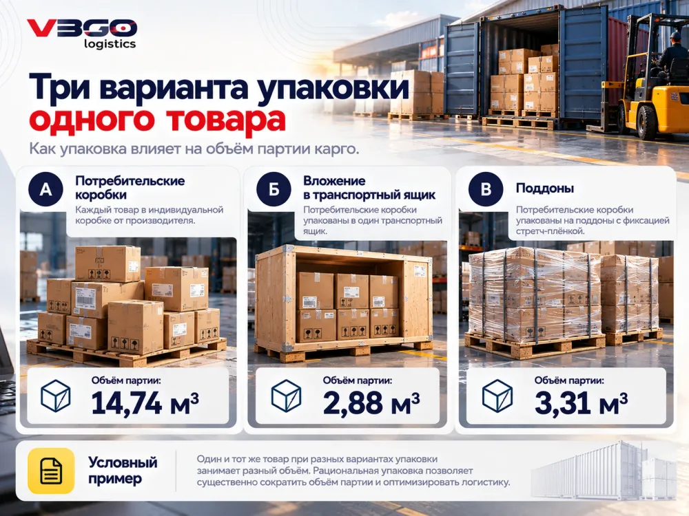 Условный пример: объём партии карго при трёх вариантах упаковки одного товара