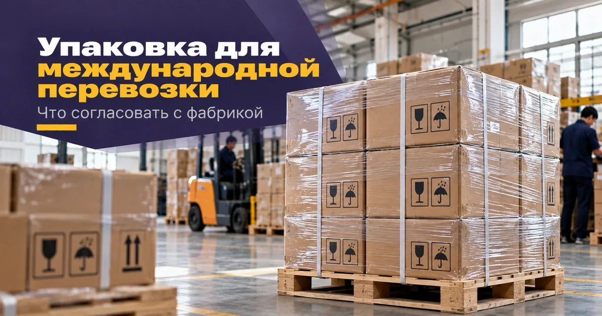 Поддон с упакованным грузом на складе фабрики перед международной перевозкой из Китая