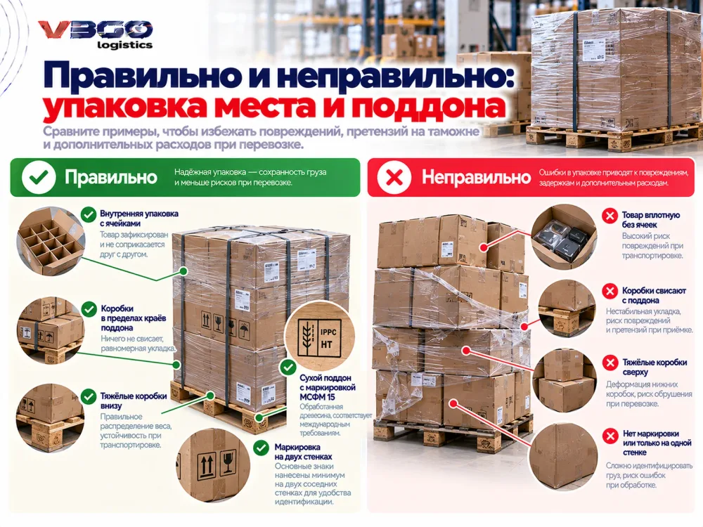 Правильная и неправильная упаковка груза и поддона для международной перевозки из Китая