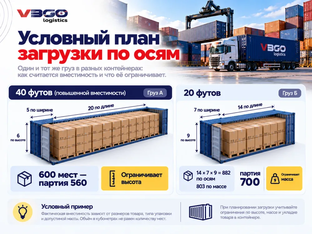 Условный план загрузки контейнеров 20 и 40 футов: подсчёт мест по осям и ограничение по массе